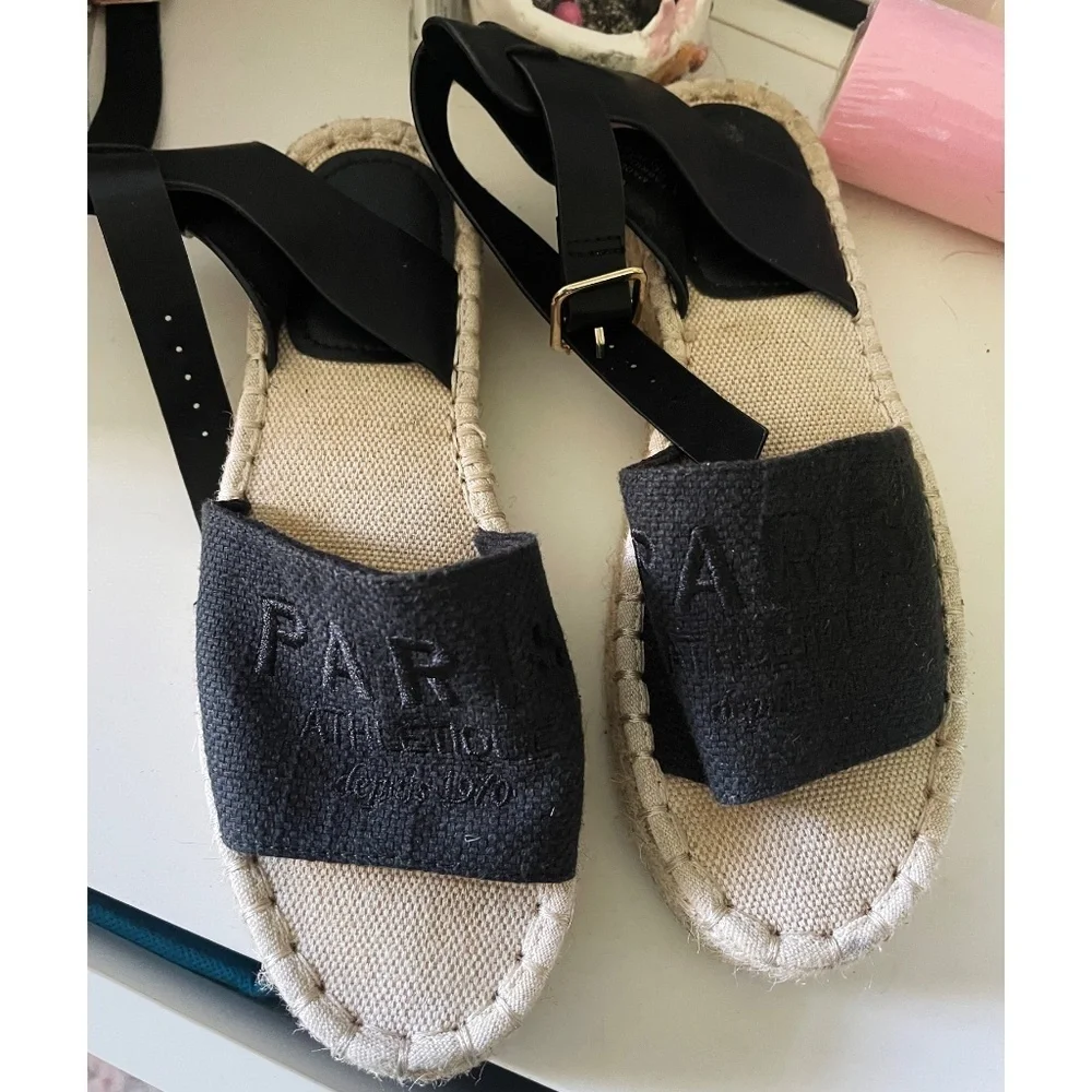 Black Platform Espadrille Sandals Paris Athletic Faux Leather Size 6